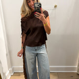 BROWN DRAPED OFF THE SHOULDER LACE TRIM BLOUSE