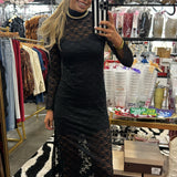 Black Floral-Lace Mesh Midi Dress