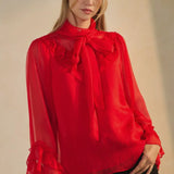 Red Sheer Chiffon Mock Neck Blouse
