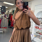 Champagne Brown Ruffle Halter Neck Mini Dress