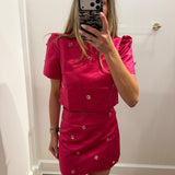 MAGENTA EMBELLISHED SATIN SKIRT SET