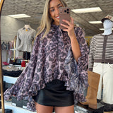 WF LEOPARD TIE RUFFLE NECK BLOUSE