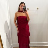 BURGUNDY SCARF MAXI RUFFLE FLOW DRESS