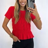 RED SOLID SMOCKED DETAIL TOP