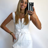 WHITE FRONT ZIP BELTED MINI DRESS