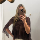LBK BROWN MOCK NECK PLEATED CAPE TOP