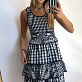 CHECKERED BELT RUFFLE MIDI DRESS