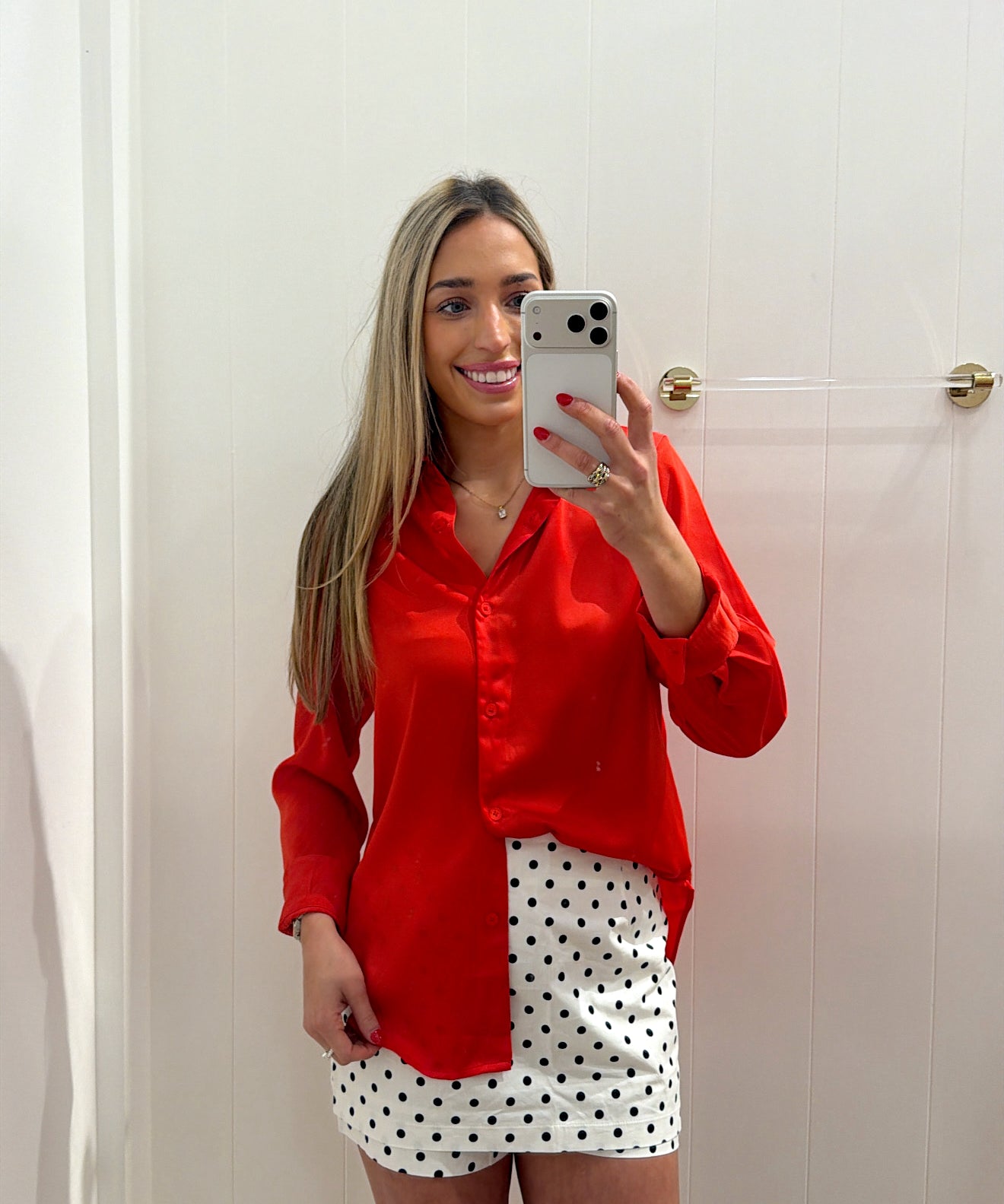 LBK RED SATIN BUTTON DOWN BLOUSE