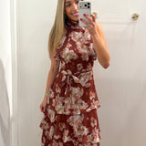 LBK WINE TIERED MAXI FLORAL DRESS
