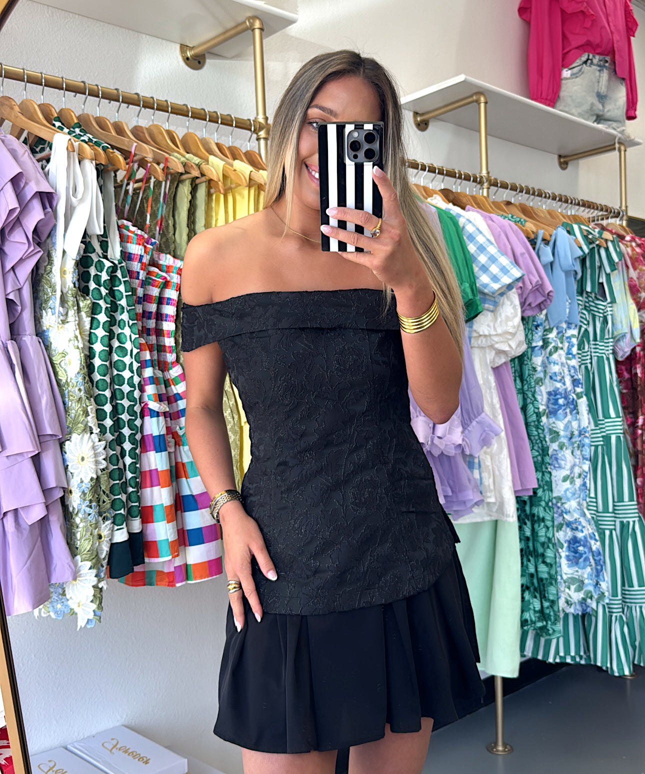 Black Jacquard Off The Shoulder Pleated Dress