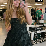 Black Square Neckline 3D Floral Embroidered Dress