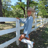 Denim Ruffle Chambray Blouse