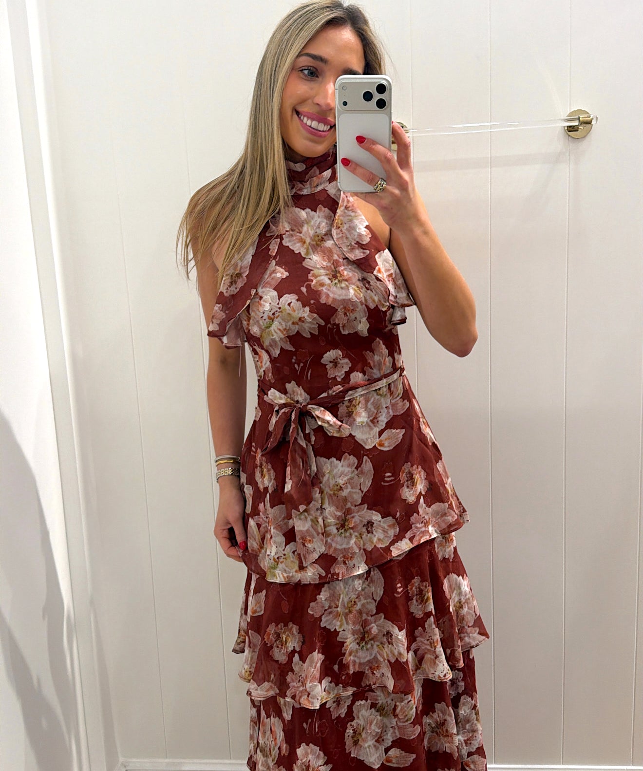 LBK WINE TIERED MAXI FLORAL DRESS