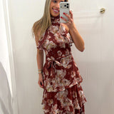 LBK WINE TIERED MAXI FLORAL DRESS