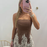LBK BROWN STRAPLESS LACE ROMPER