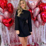 BLACK STRAPLESS BABY DOLL TIE DRESS