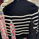 Black Mock Neck Striped Stretchy Top
