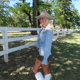 Denim Ruffle Chambray Blouse