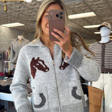 WF HORSE GRAY ZIP CARDIGAN TOP