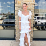 WHITE FRONT BUTTON TIERED MAXI DRESS (size large left)