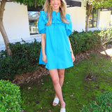 TURQUOISE PUFF SLEEVE RUFFLE DRESS (size large left)
