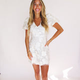 WHITE 3D FLORAL APPLIQUE MINI DRESS