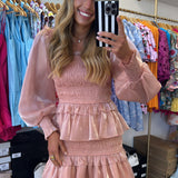 ROSE SHEEN SMOCKED LONG SLEEVE MINI DRESS