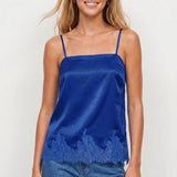 Square Neck Lace Trim Satin Cami: Black / L