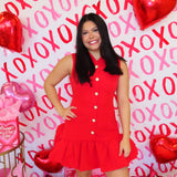 RED BUBBLE HEM BUTTONED MINI DRESS