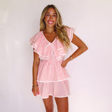 PINK PIN STRIPED DOUBLE RUFFLE MINI DRESS (size large left)
