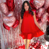 RED RUFFLE HEM LINE DRESS