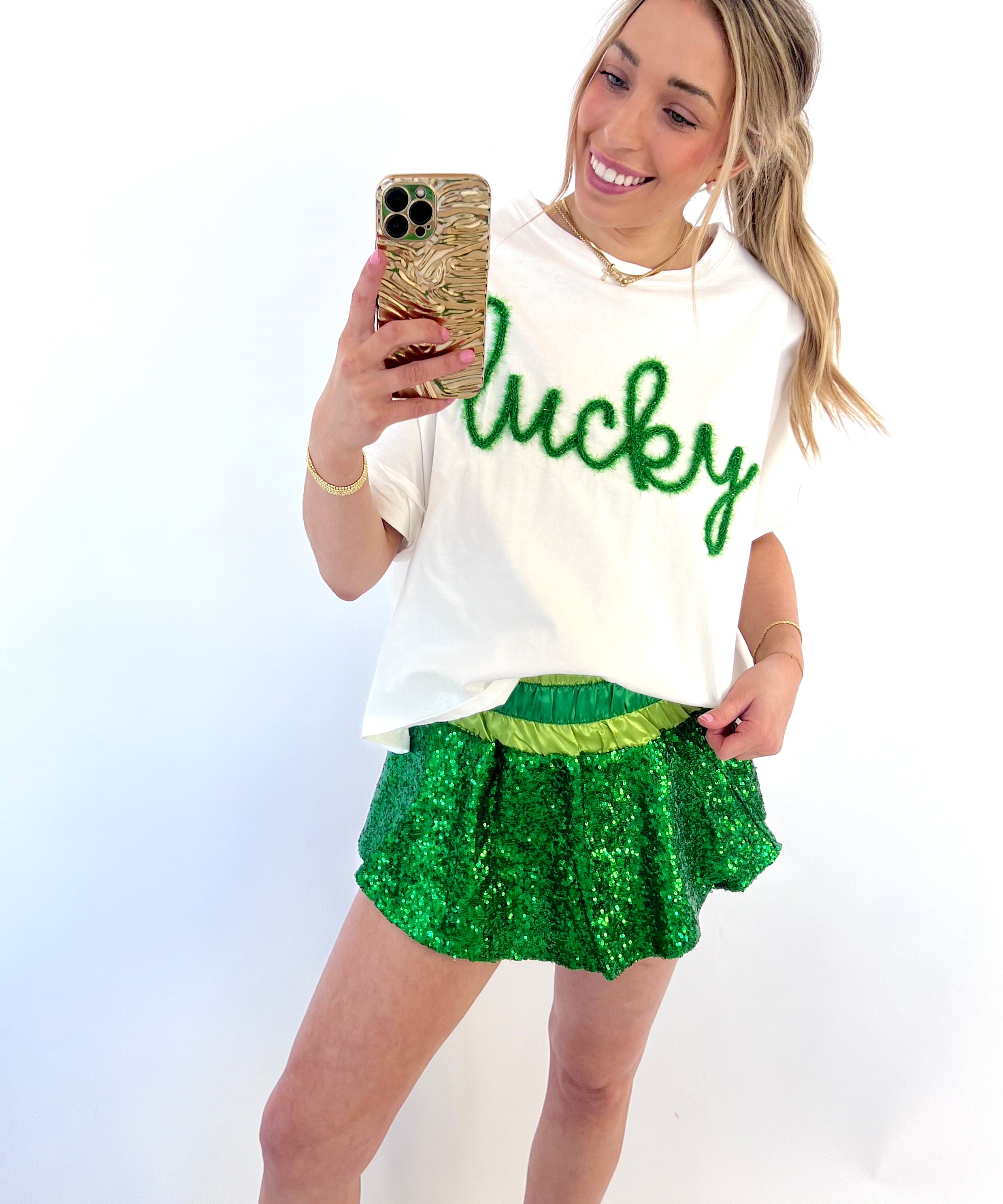 GREEN COLOR BLOCK SEQUIN SKORT