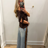 BROWN DRAPED OFF THE SHOULDER LACE TRIM BLOUSE