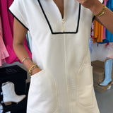 CREAM TEXTURED ZIPPER NECK DRESS