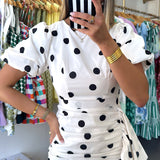 POLKA DOT RUCHED PUFF SLEEVE DRESS