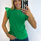 KELLY GREEN RUFFLE SLEEVE POPLIN TOP