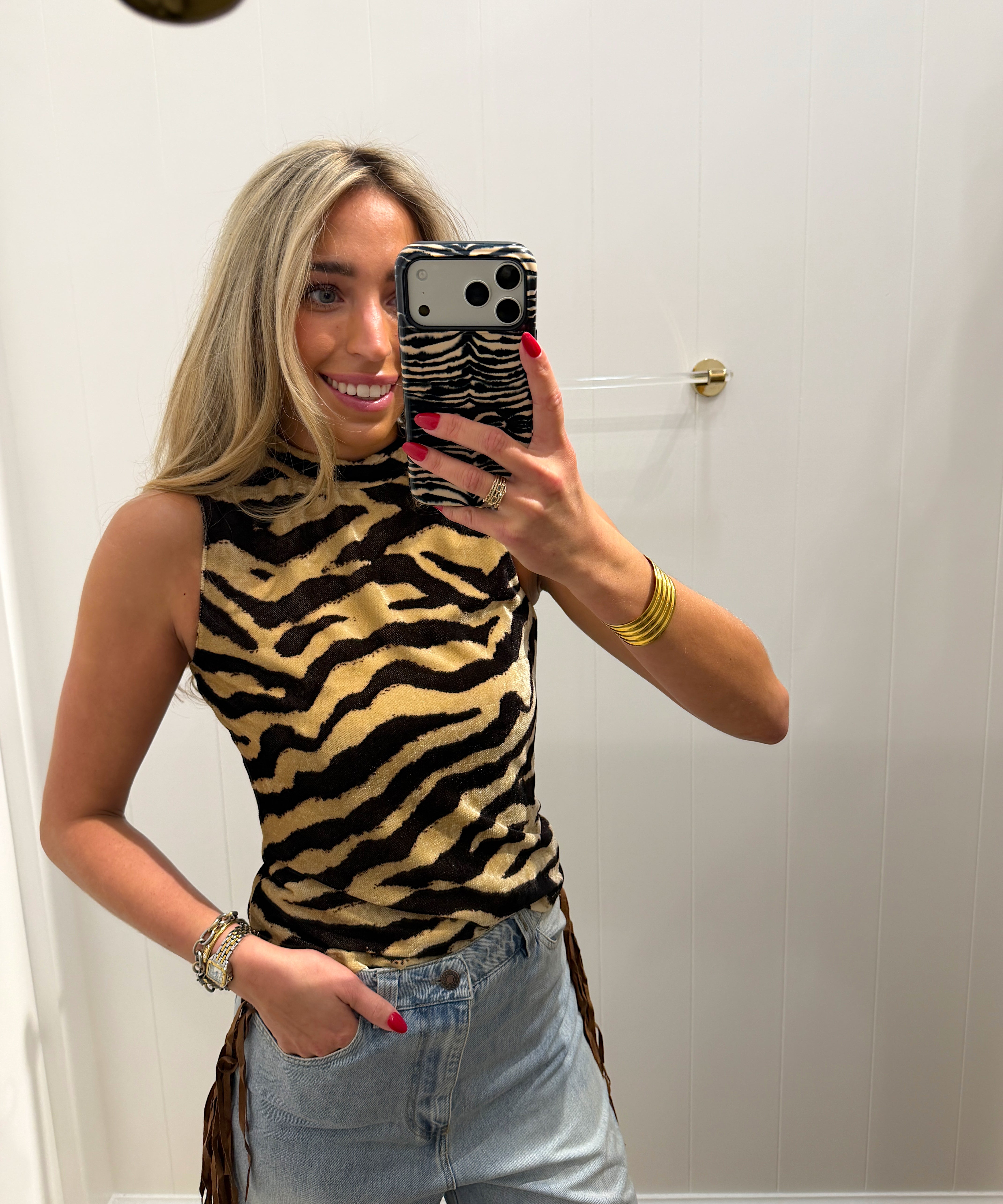 ZEBRA TAUPE MOCK NECK TOP