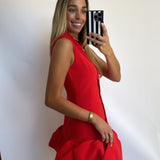 RED BUBBLE HEM BUTTONED MINI DRESS