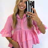 PINK RUFFLE DETAILED BUTTON UP TOP  (size medium left)