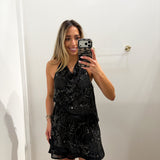 BLACK HALTER MINI CRISS CROSS SEQUIN DRESS