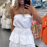 WHITE STRAPLESS TIE RUFFLE ROMPER