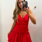 LBK RED RUCHED BUBBLE HEM DRESS