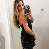 BLACK HALTER MINI CRISS CROSS SEQUIN DRESS