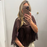 LBK BROWN MOCK NECK PLEATED CAPE TOP