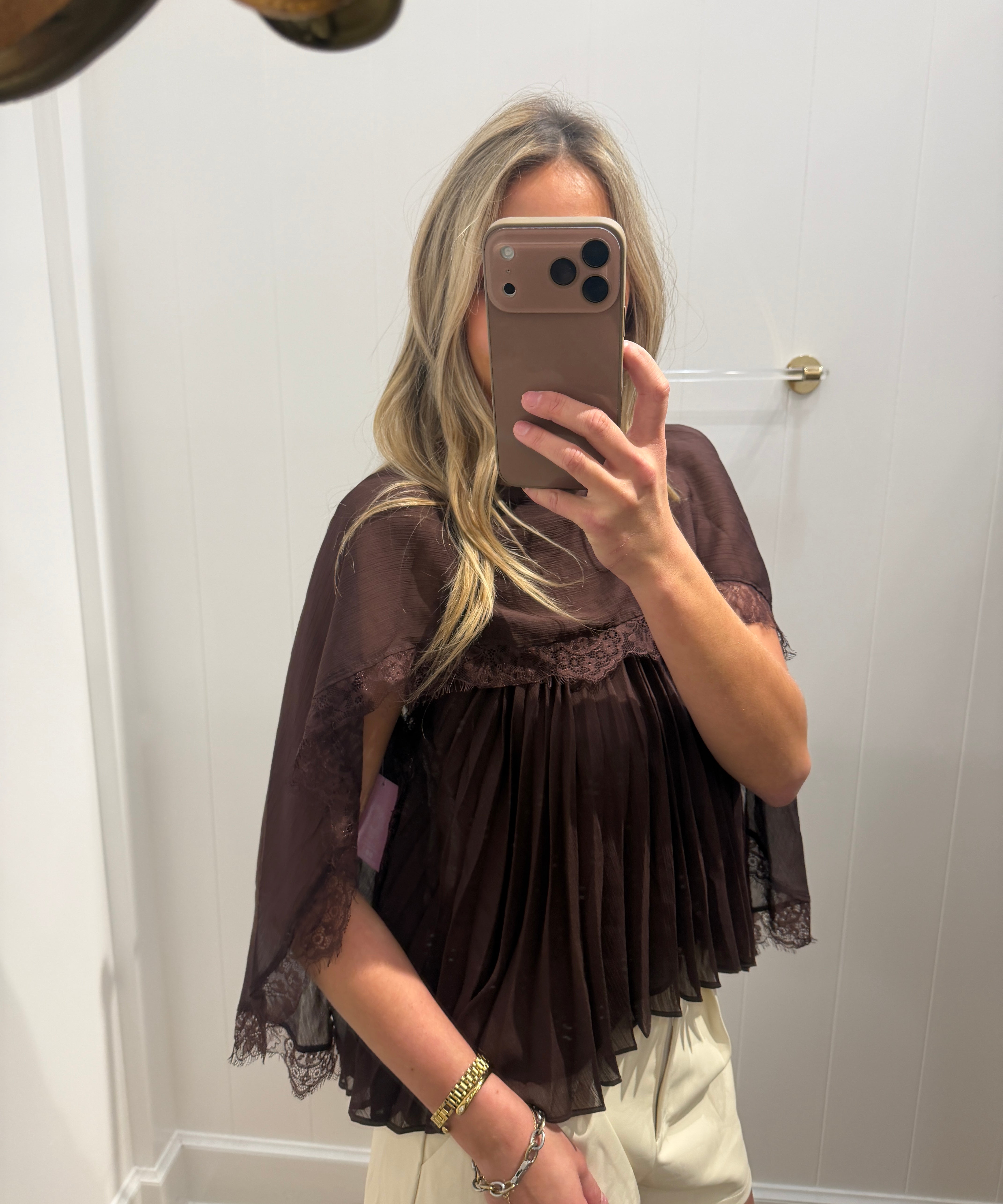 LBK BROWN MOCK NECK PLEATED CAPE TOP