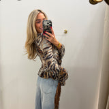 TIGER STRIPE RUFFLE TIE BLOUSE