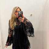 LBK BLACK LACE CHIFFON LONGSLEEVE DRESS