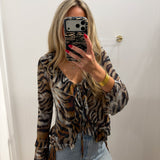 TIGER STRIPE RUFFLE TIE BLOUSE