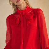 Red Sheer Chiffon Mock Neck Blouse