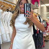 WHITE COWL NECK SATIN TIE MINI DRESS